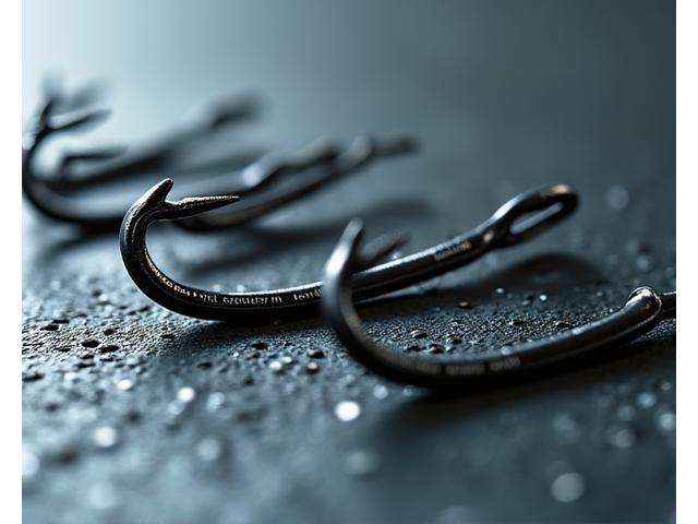 Macro fotografia di ami da pesca Giada Ami forgiati e affilati con precisione.