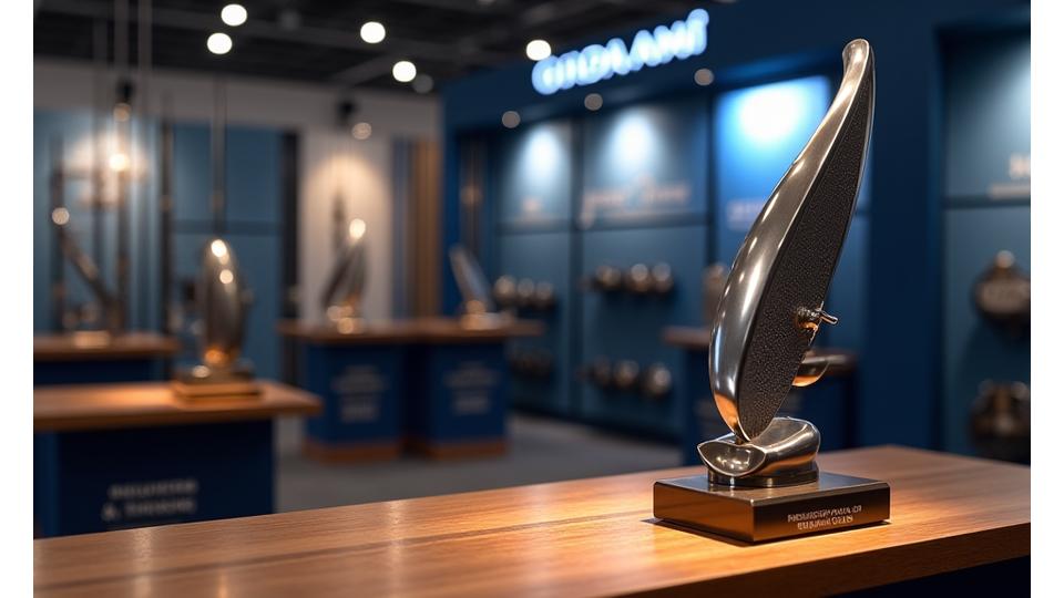 Premio di settore 'Innovazione prodotto pesca' con il logo Giada Ami in primo piano, poggiato su una vetrina che espone prodotti di pesca.