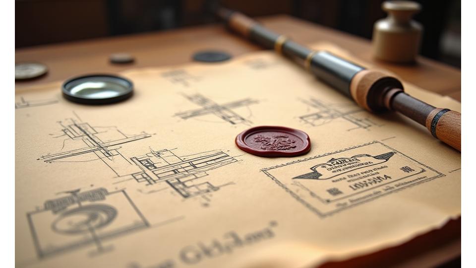 Disegni tecnici di un brevetto con il logo Giada Ami e un timbro di registrazione, simbolo dell'innovazione.