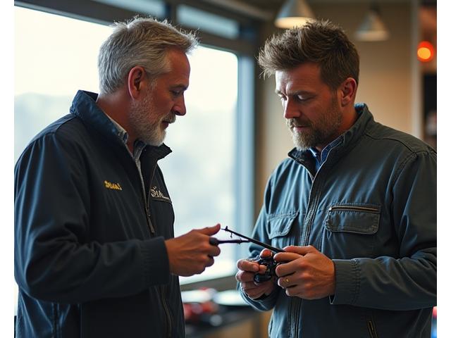 Uomo esperto di pesca che presenta diversi tipi di canne da pesca a un cliente in un negozio.