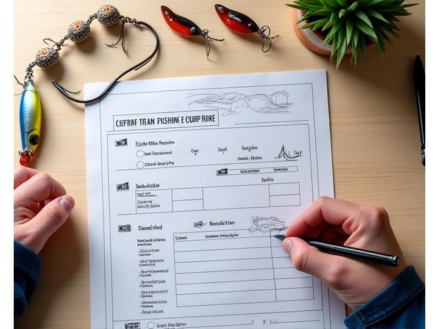 Una mano che scrive su un modulo di richiesta personalizzata per attrezzatura da pesca, con attrezzi sul tavolo.