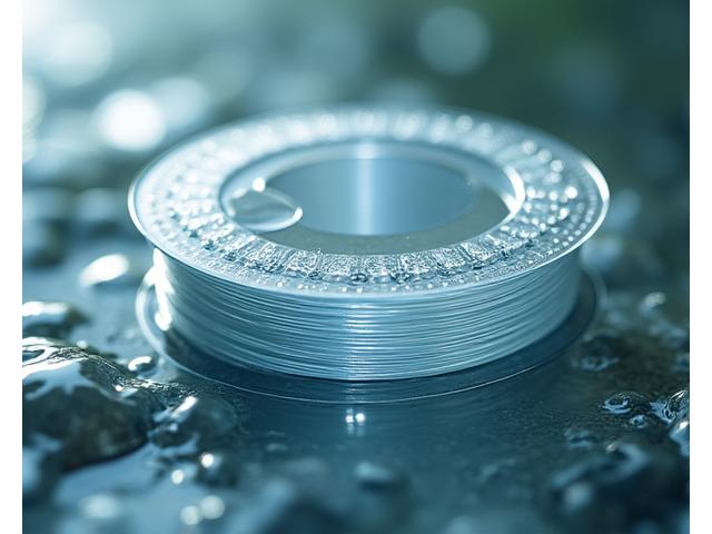 Bobina di monofilo trasparente su sfondo acquatico, simbolo di invisibilità e elasticità.