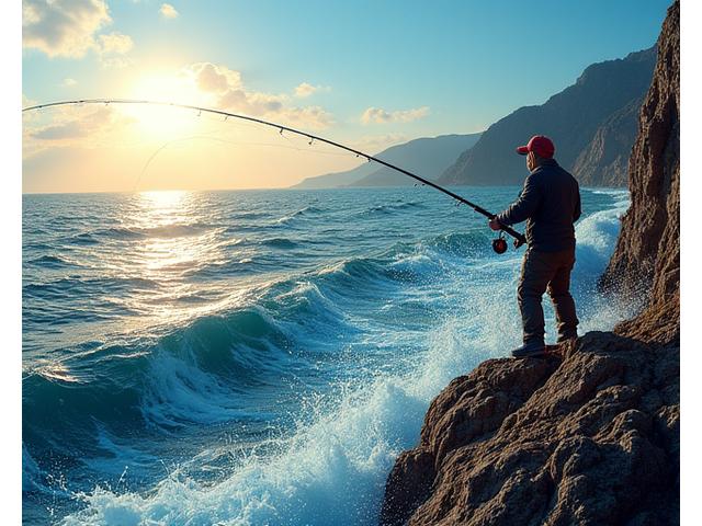 Pescatore che lancia dalla scogliera con un trecciato ad alta visibilità, in una giornata di sole.