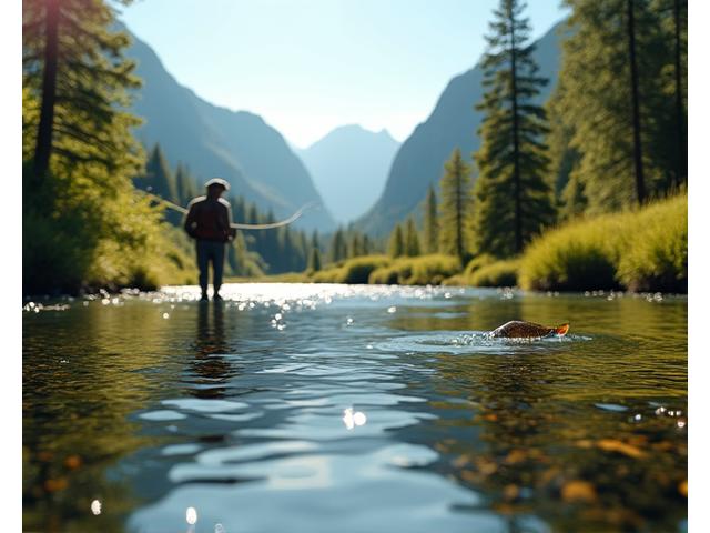 Pescatore che cattura una trota in un torrente montano, con un filo quasi invisibile.
