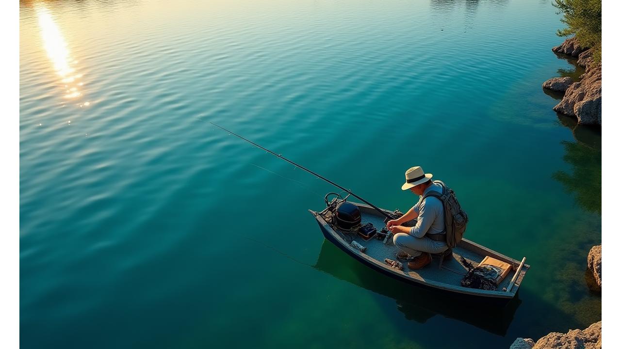 Vista aerea di un lago azzurro chiaro con un pescatore solitario che utilizza groundbait e pasturatori.