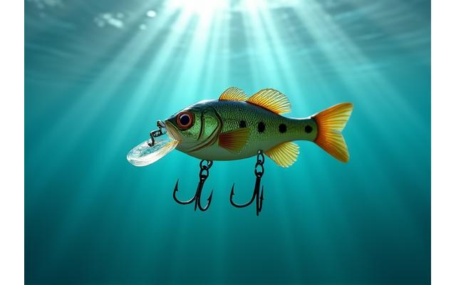 Un jerkbait con colori vivaci sospeso in acqua, con una luce che simula il movimento erratico.