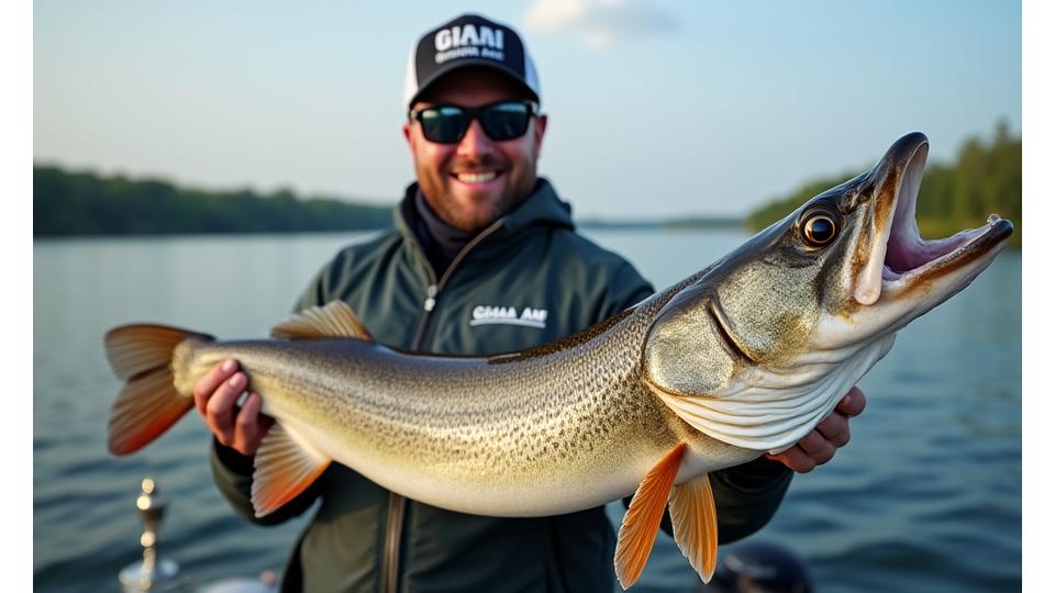 Un pescatore professionista sorride tenendo in mano un grande pesce, con un trofeo da gara e un artificiale Giada Ami in evidenza.