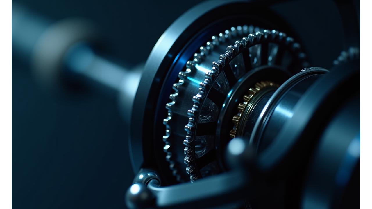 Video in macro di un meccanismo interno di un mulinello da pesca Giada Ami in azione, con ingranaggi finemente lavorati e cuscinetti a sfera che ruotano con precisione. Si intravedono specifiche tecniche chiave in sovrimpressione.