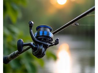 Mulinello da spinning ultraleggero serie 1000-2500 Giada Ami su una canna da finesse, in primo piano su uno sfondo sfocato di un lago tranquillo.