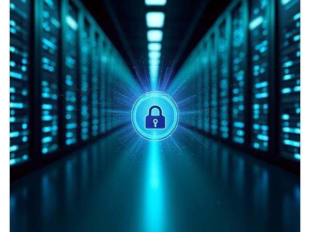 Immagine futuristica di un server protetto da firewall digitali e lucchetti, che irradia sicurezza e stabilità.