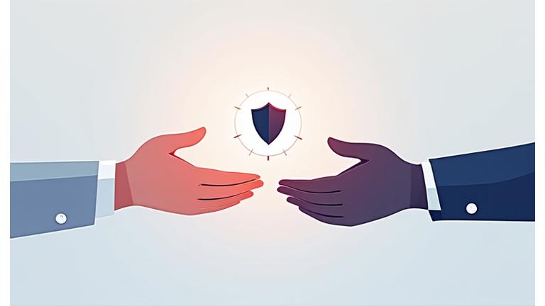 Illustrazione di mani che si uniscono rappresentando una partnership sicura, con icone di dati che fluiscono in modo controllato.