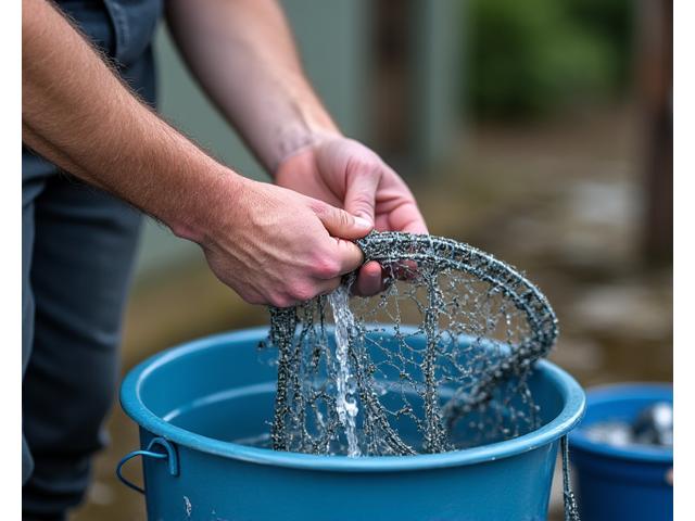 Pescatore che pulisce con cura una rete da guadino dopo l'uso, vicino ad un secchio d'acqua.