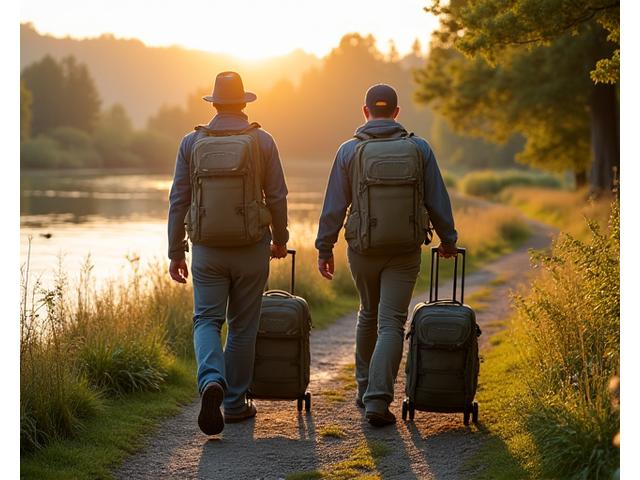 Pescatori che utilizzano borse da pesca a zaino Giada Ami, attraversando un terreno accidentato verso un lago, riflettendo la facilità di trasporto
