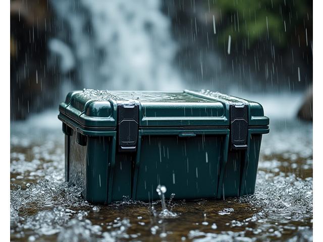 Test di durabilità di un tackle box Giada Ami, con acqua che scende e gli interni che rimangono completamente asciutti e protetti