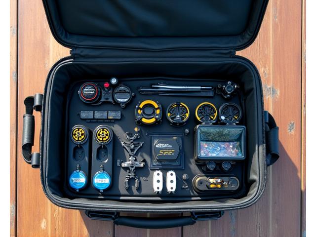 Interno ben organizzato di una borsa da pesca Giada Ami, mostrando gli accessori di un pescatore professionista disposti meticolosamente per un torneo