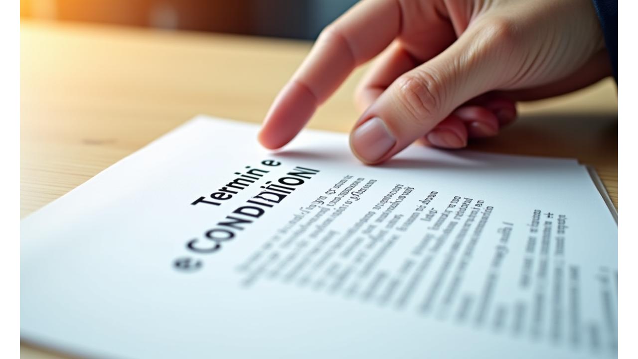 Mano che indica un documento legale con l'intestazione Termini e Condizioni, circondato da una luce calma.